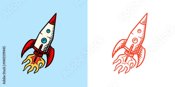 Obraz Start up concept with a launching rocket.Business doodle hand drawn icons. Management concept. Vector clipart illustration. Line and Ink sketch. Vintage style. 