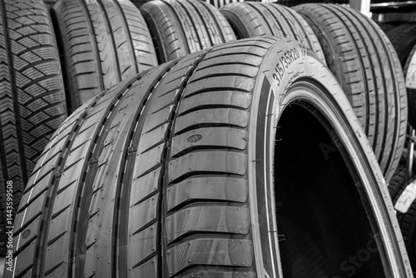 Fototapeta Closeup of the tread of a large size high performance summer tire