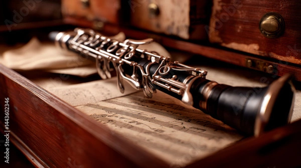 Obraz Clarinet resting in an open drawer surrounded by old notes, creating a conceptual blend of music and nostalgic history.