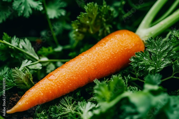 Fototapeta A close up of a carrot with water droplets on it