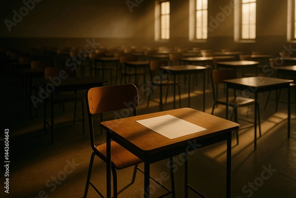 Fototapeta Empty Classroom Desk with Blank Exam Paper