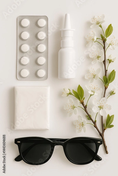 Fototapeta Flat Lay of Medications, Tissues, Sunglasses, and Blossoms