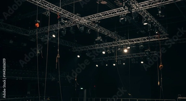 Fototapeta Stage Lighting Rigging and Setup - Overhead view of a complex stage lighting and rigging system, showing numerous lights and hanging equipment against a dark background