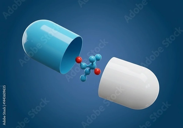 Fototapeta Open capsule with molecular structure on blue background