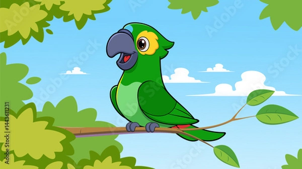 Fototapeta Colorful parrot resting on a tree branch. Colorful vector illustration of a green parrot character in nature.
