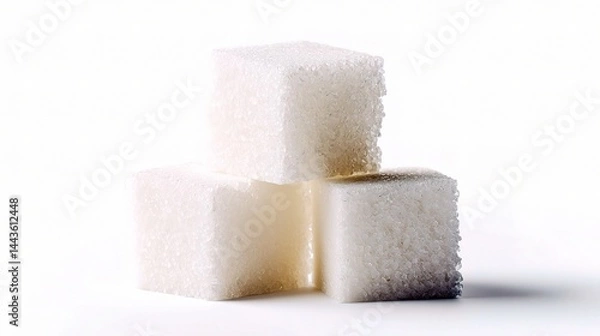 Fototapeta Close-Up of Three Sugar Cubes on White Background for Culinary Use