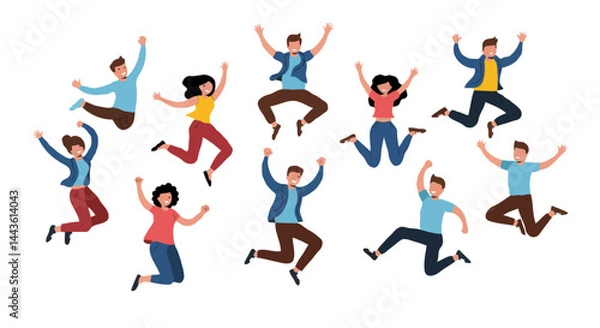 Fototapeta Diverse Group of Joyful People Jumping – Cartoon Illustration of Celebration and Unity