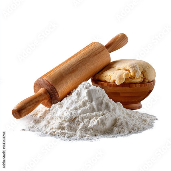 Fototapeta Raw dough with wooden rolling pin and flour for baking isolated on transparent background. isolated white background