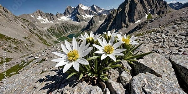 Obraz wallpaper depicting edelweiss with the snow-capped Swiss Alps in the background.