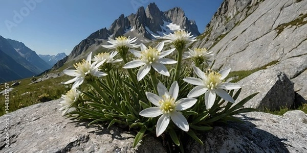 Fototapeta wallpaper depicting edelweiss with the snow-capped Swiss Alps in the background.