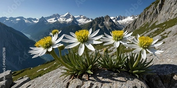 Obraz wallpaper depicting edelweiss with the snow-capped Swiss Alps in the background.