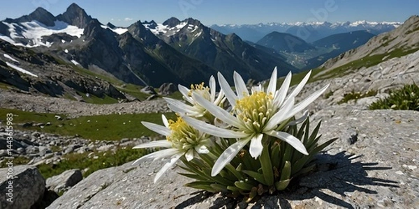 Fototapeta wallpaper depicting edelweiss with the snow-capped Swiss Alps in the background.