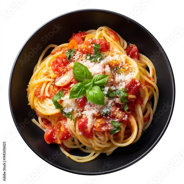 Fototapeta Spaghetti with tomato sauce parmesan cheese and basil in black bowl isolated on transparent background. isolated white background