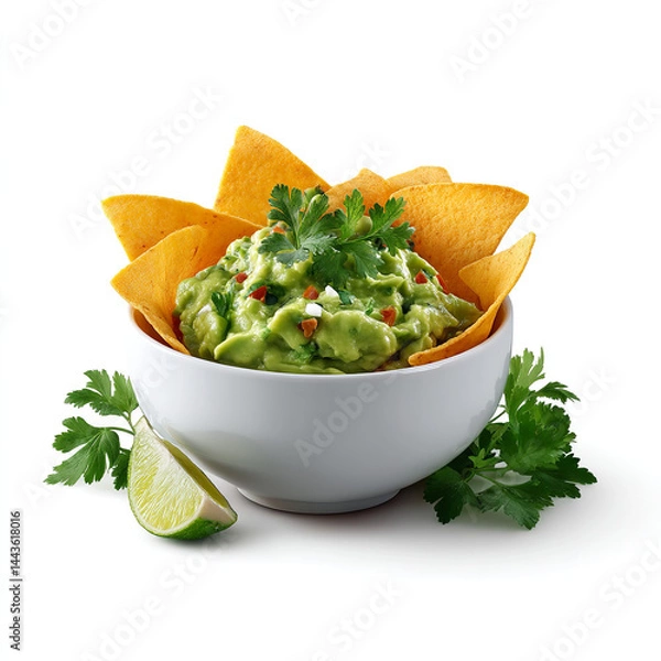Fototapeta Bowl of guacamole with tortilla chips isolated on transparent background. isolated white background
