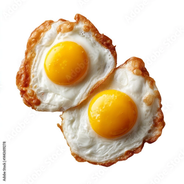 Fototapeta Two perfectly cooked sunny-side-up eggs with golden yolks and crispy edges isolated on transparent background isolated white background