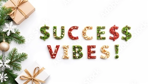 Fototapeta Motivational Christmas card with festive text "Success Vibes", decorated letters made of colorful objects, fir branches and gift boxes on white background