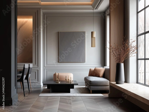 Obraz Aesthetic beautiful elegant  modern luxury interior design. Clear mock up empty wall for decoration in the apartment, painting frame. Copy space in the room.