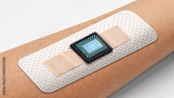 Fototapeta under 200 characters): A smart bandage with an embedded electronic sensor is attached to a person's arm, highlighting advanced health monitoring technology.