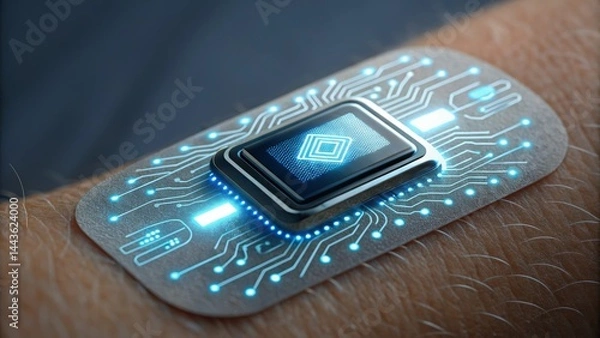 Fototapeta A wearable electronic patch with glowing circuits is attached to a person's arm, representing advanced health or technology integration.