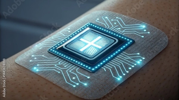 Fototapeta A futuristic electronic patch with glowing circuits is attached to human skin, suggesting advanced wearable health technology.