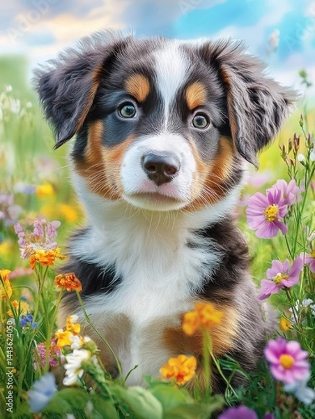 Fototapeta Ultra-realistic image of a australian shepherd puppy, in a flower meadow. He looks sweetly into the camera