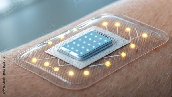 Fototapeta A high-tech smart patch with glowing lights is attached to human skin, representing wearable health technology.