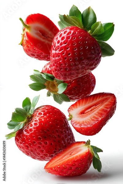 Fototapeta Falling strawberry fruits whole and cut in half isolated on transparent background isolated white background