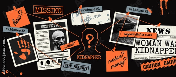 Fototapeta Detective board with crime investigation materials. Grunge collage with fingerprints, photofit of criminal and other evidence to catch kidnapper. Vector illustration in trendy halftone style