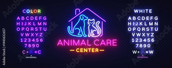 Fototapeta Pet logo with dog, cat, neon, animal, and shop elements featuring the text Animal Care Center. Glowing house outline and colorful lettering on dark brick background.