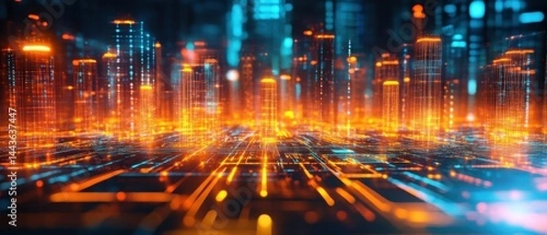 Fototapeta A vibrant digital cityscape with glowing structures and abstract lighting effects.