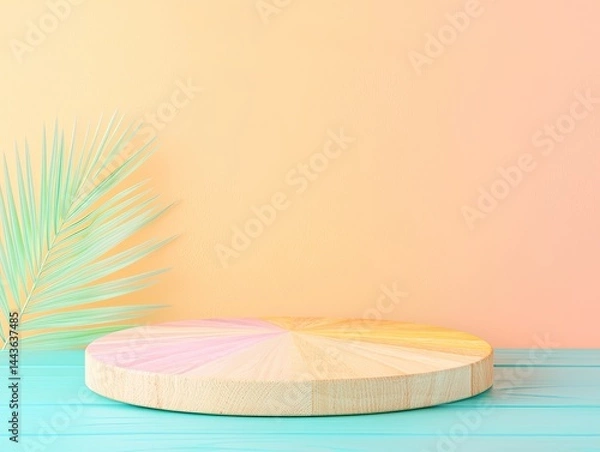 Fototapeta Pastel Podium Display with Palm Leaf on Turquoise Background