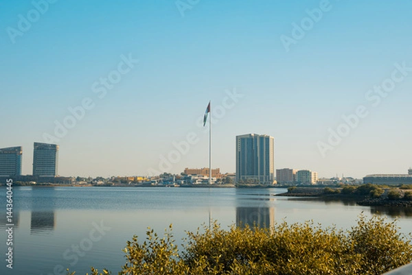 Fototapeta Ras al Khaimah city view, Palm-lined walkway. High quality photo
