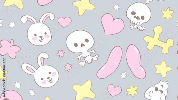 Fototapeta Cute pastel pattern with whimsical elements.  Soft, lighthearted design featuring bunnies, skulls, hearts, stars, and other fun shapes