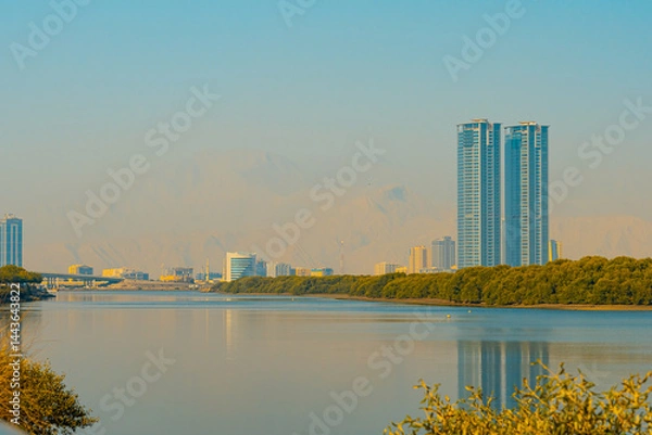 Fototapeta Ras al Khaimah city view, Palm-lined walkway. High quality photo