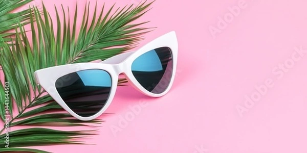 Obraz White cat eye sunglasses with palm leaf on pink background