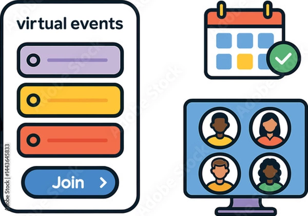 Obraz Vector illustration of a virtual events app with upcoming sessions, join button, calendar sync, and host profiles. Bright and accessible interface, no text, transparent background