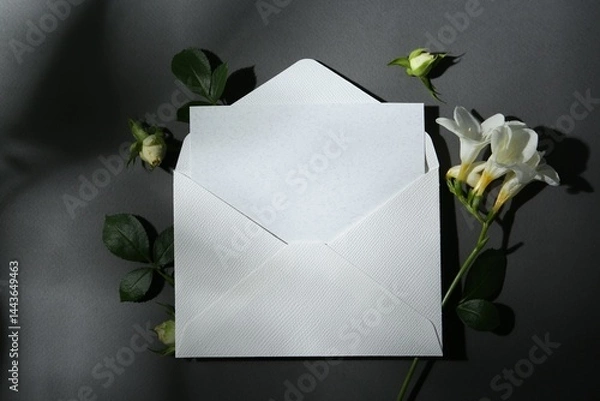 Fototapeta Blank greeting card in envelope and freesia flowers on dark grey background, flat lay