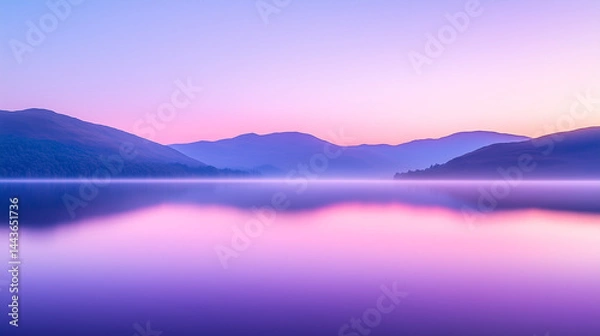 Fototapeta Serene twilight mountain lake and misty pastel sky reflection
