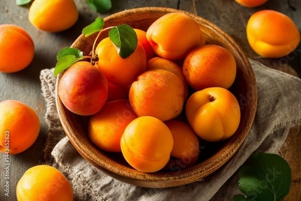 Fototapeta A wooden bowl fills with fresh apricots, showcasing their vibrant orange hues. Surrounding the bowl are scattered apricots and green leaves resting on a rustic table