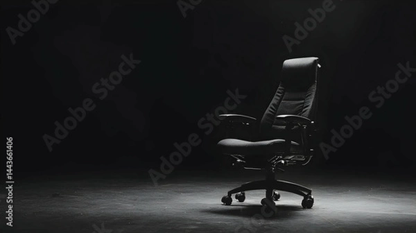 Fototapeta Black ergonomic office chair in dark room, spotlight, workspace setup, website product image