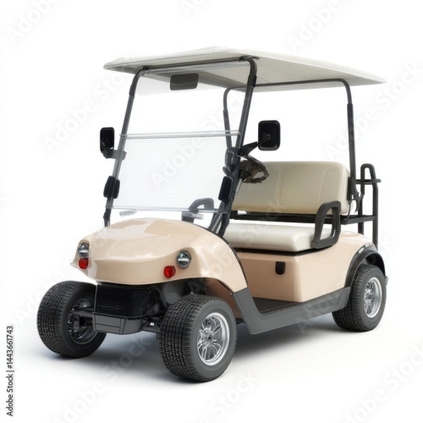 Fototapeta Beige golf cart with a light beige top and seats.  Features a clear windshield, mirrors, and black accents