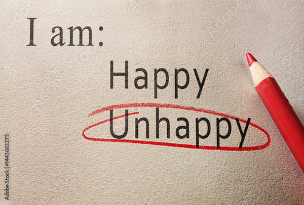 Obraz Happy and circled Unhappy text survey with red pencil on textured paper