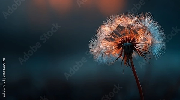 Fototapeta A dandelion seed head bathed in warm, ethereal light