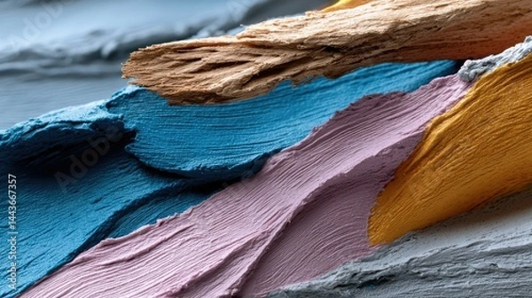 Fototapeta Abstract textured strokes of various colors.  Intricate layers of paint or clay in shades of blue, pink, beige, orange, and grey.  Dynamic brushstrokes create a visually striking composition