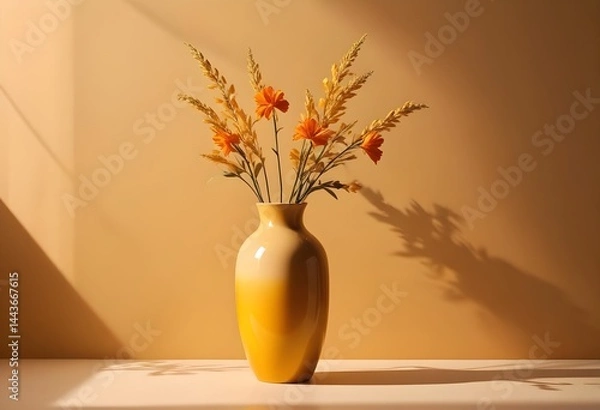 Fototapeta A bright yellow vase with a variety of flowers displayed on a table, adding a cheerful touch to the setting