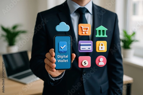 Fototapeta Digital Wallet: A person in a suit holds a smartphone displaying digital wallet icons, representing financial transactions, digital security, and modern banking and financial technology.