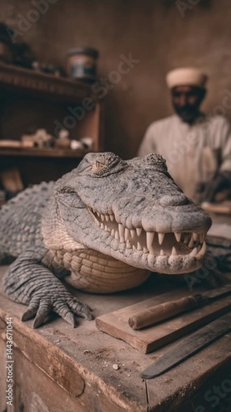 Fototapeta Ancient craftmanship.  Crocodile carving in a dusty workshop