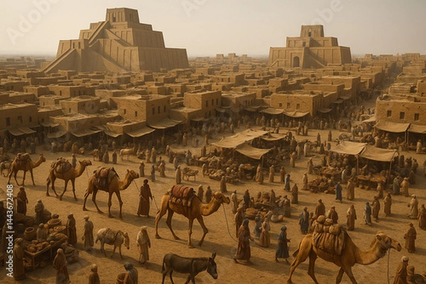 Fototapeta Elevated view capturing the vibrant daily life of an ancient Sumerian-Akkadian marketplace, bustling with people, camels, donkeys, trade stalls, and traditional mudbrick architecture