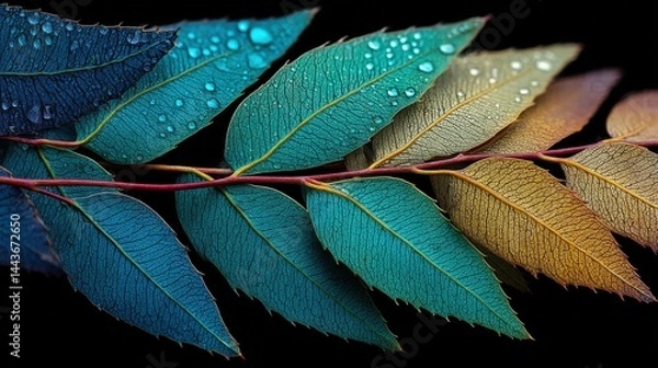 Fototapeta Close-up view of serrated eucalyptus leaf showcasing vibrant jade green and turquoise hues