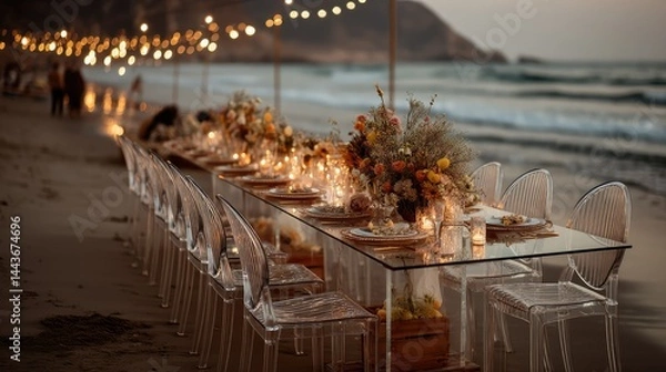 Fototapeta Beachside dinner under string lights.  Elegant table setting with clear chairs, a long glass table, and a floral arrangement. Soft lighting, calm ambiance